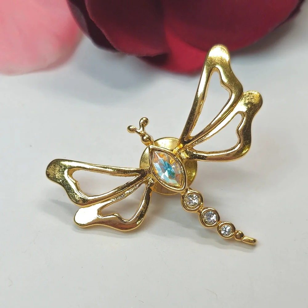Vintage Avon AB Crystal Gold Tone Dragonfly Pin or Brooch
